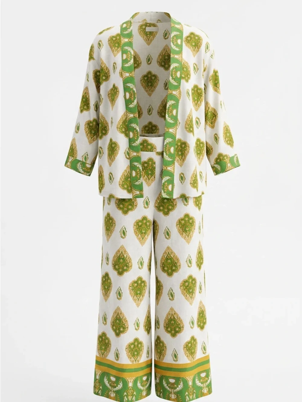 Haute Hippie Women’s White, Green & Gold Printed Linen Wide-Leg Pant Set